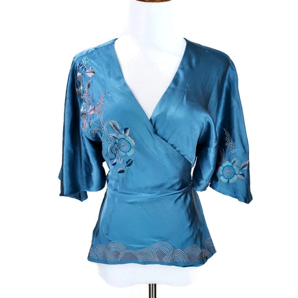 unknown Other - Monsoon 100% Silk Kimono White Crane  Embroidered Lingerie Short Robe Top Sz 6